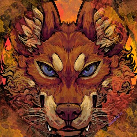 A stylized illustration of a dhole with intense blue eyes set against a warm, textured background of reds and oranges.