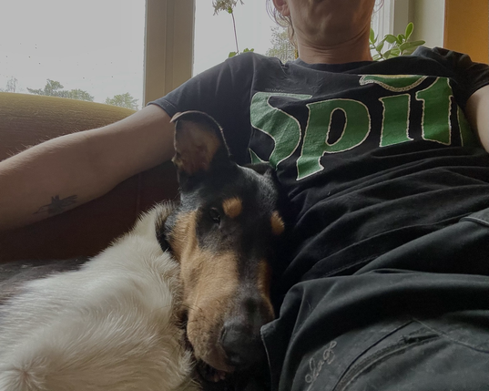 A tired looking dog looks lying on a sofa looking into the camera. I’m sat next to him with my arm resting in his back. My t-shirt says Spite with the Sprite logo.