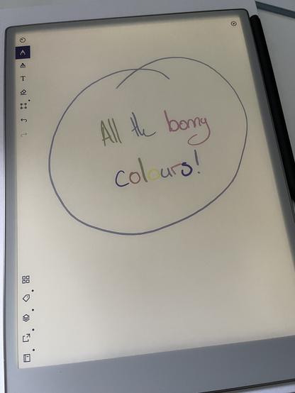 A Remarkable Paper Pro on a page where I’ve written “All the Bonny colours!” in different colours - the main feature of this new version.