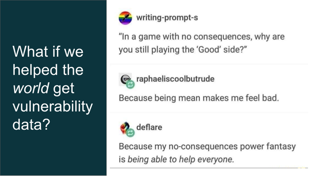 A slide from my BSidesPDX 2024 talk. On one side, it reads "what if we helped the *world* get vulnerability data?" and on the other side it has a screenshot of a tumblr post. The first post is from writing-prompt-s and reads "In a game with no consequences, why are you still playing the 'Good' side?". The next post is from raphaeliscoolbutrude and says "Because being mean makes me feel bad." The final post is from user deflare and reads, "Because my no-consequences power fantasy is *being able to help everyone*"