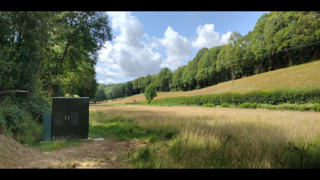 A dark green utility box sitting in a beautiful field with yellow summer grass, green bushes, and green trees along the edges. There is a wedge of blue sky with clouds visible. One of the software mirrors is inside the green box.