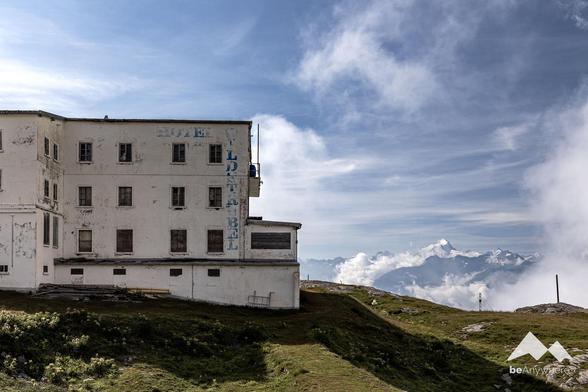 Old, half-ruined hotel in the mountains.