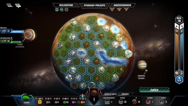 Ein Screenshot aus dem Spiel, der einen vollständig besiedelten Mars zeigt.