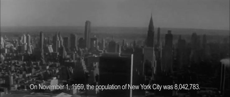 A city skyline with text reading "On November 1, 1959, the population of New York City was 8,042,783."