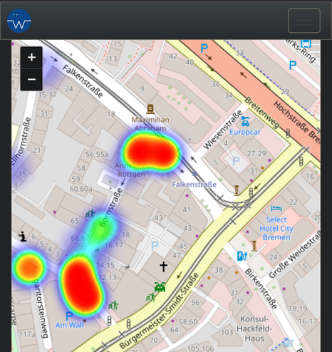 Screenshot der Heatmap-Karte mit Einfärbung der Stellen mit den meisten Falschparker-Meldungen über das sehr komfortable weg.li-Portal.
Die Karte zeigt zwei große rote Blobs an den beiden Enden der Bornstraße, in der ein Bremer Hackspace/Makerspace seine Räumlichkeiten hat.