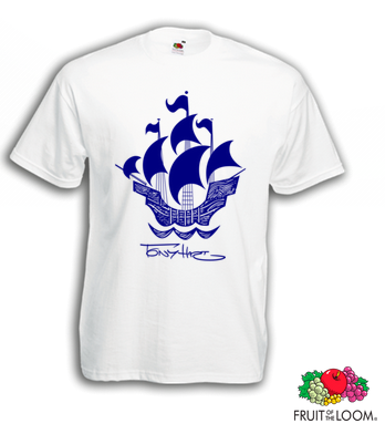 Front view of a "Fruit of the Loom" t-shirt in white cotton. On the shirt is a Blue Peter ship, underneath the ship is the signature of Tony Hart.