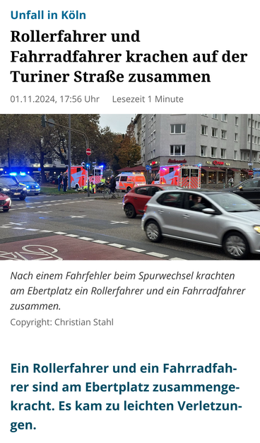 Screenshot eines Online-Artikels des Kölner Stadtanzeigers. Sowohl in der Überschrift, in der Bildbeschreibung als auch im Artikel heißt es "Rollerfahrer und Fahrradfahrer krachen zusammen bzw. sind zusammengekracht"