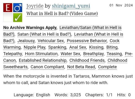 AO3/SqW summary box
Title: Joyride
Synopsis: When the motorcycle is invented in Tartaros, Mammon knows just whom to call, and Satan knows just whom to ride with.