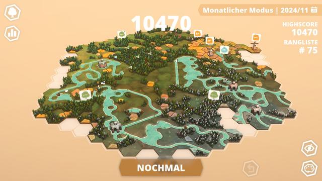 Ein Screenshot aus dem Spiel. Es zeigt den Endstand einer Partie im monatlichen Modus mit 10470 Punkten.