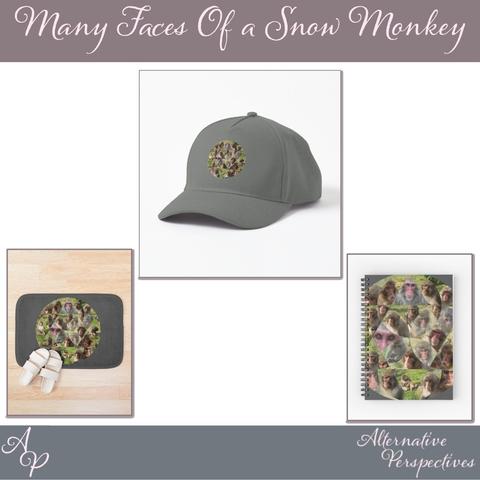 Many Face Of A Snow Monkey - on the following products: cap/hat, bathroom mat, spiral notebook