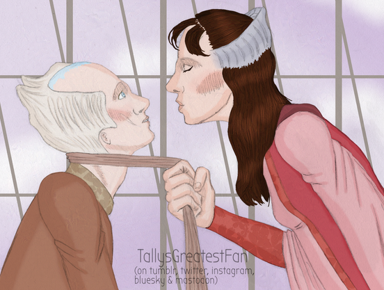 ID: Digitally colorized pencil drawing of Delenn, a sharp faced white alien woman with a bone crest between her hair, pulling Lennier, a younger, white alien man with a bone crest, towards her with a scarf, about to kiss him. He looks surprised.