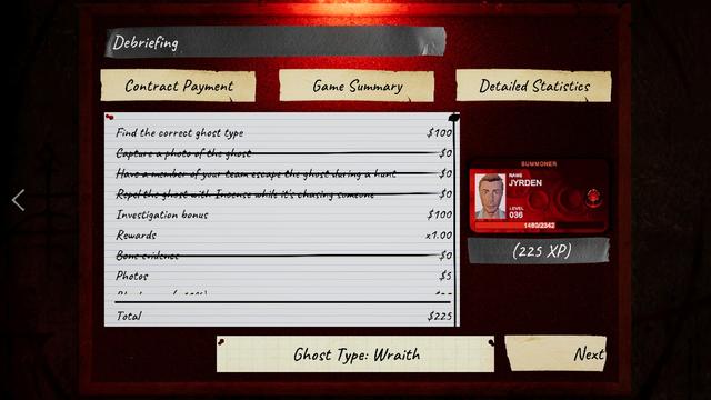 Debriefing stats from Contract
showing ghost type found whilst 
capture photo of the ghost, have a team member escape the ghost during a hunt, and bone evidence objectives were failed. Total reward $225
Ghost Type: Wraith