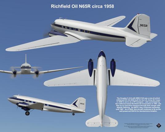 The subject of this rendered composition is the Douglas DC-3 transport aircraft as it appeared in 1958 while flown by Richfield Oil, identified as N65R.  Artwork and texts Copyright (c) 2017-2024 Robert W. Heyen d/b/a dcthreepainter.  All rights reserved.  Depicted trademarks are the property of their respective owners.