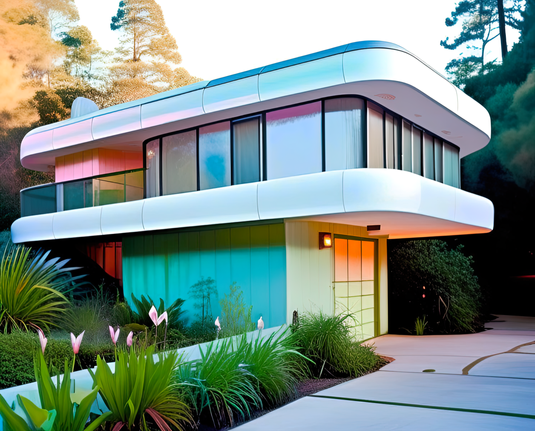 a photographic depiction of a small home with rounded features over a garage pedestal in a wooded environment