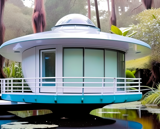 a photographic depiction of a small home of round design with a wraparound deck/porch installed in wooded and damp subtropical terrain