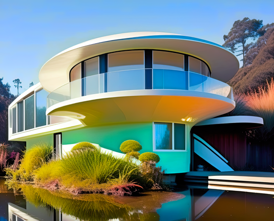 a photographic depiction of a small multistory home with rounded features installed in a natural setting on a waterfront