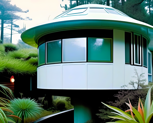 a photographic depiction of a small round home on a slender pedestal in a wooded subtropical area