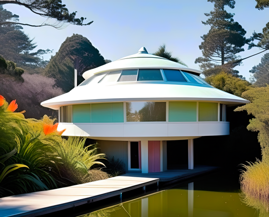 a photographic depiction of a small home with rounded features with a boardwalk approach over a calm water feature