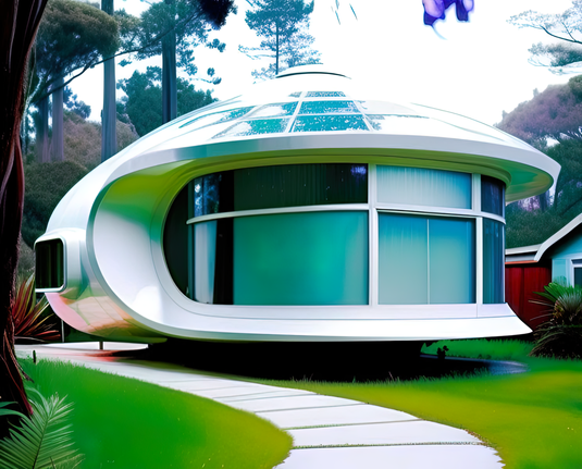 a photographic depiction of a small pod-home of round design in a wooded suburban area