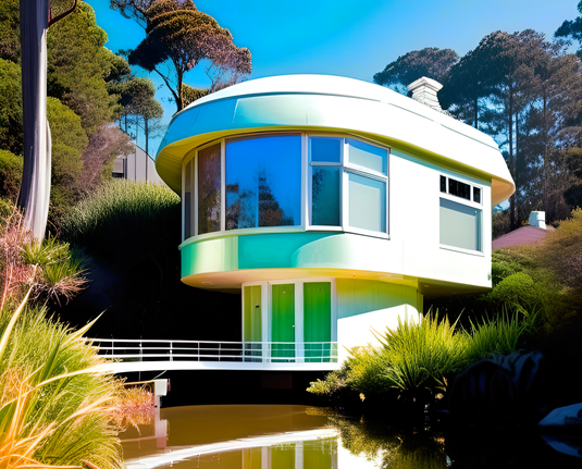 a photographic depiction of a pedestal pod home installed over a rural water feature