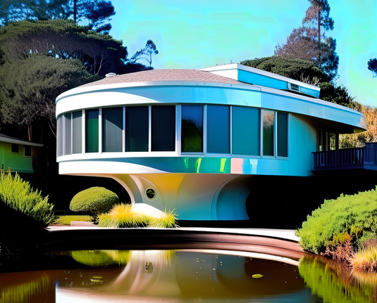 a photographic depiction of a rounded pedestal home installed on the edge of a tamed water feature