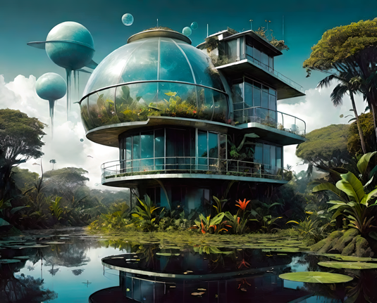 a photographic depiction of a multistory home with rounded terrarium features in a subtropical/tropical wetlands area