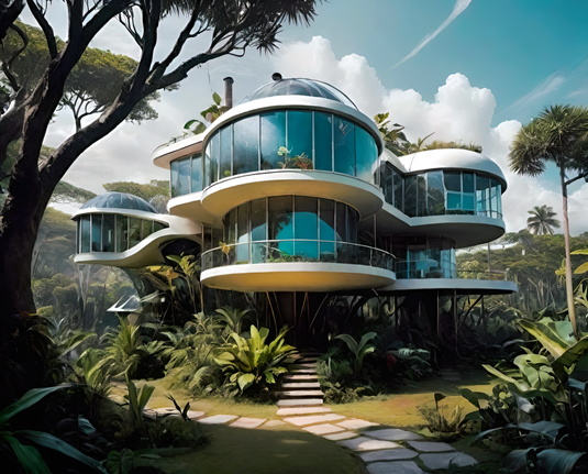 a photographic depiction of a multistory home with rounded, elevated features installed in a wooded subtropical/tropical area
