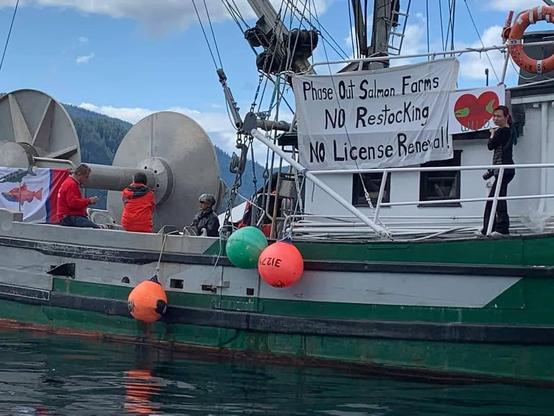 Me, standing beside one of our protest signs on the side of large fishing boat. Sign says: Phase Out Salmon Farms - NO Restocking - NO License Renewal!
Ocean & mountains are in the background of the boat. Activists are on far left in boat. There's a painted salmon flag mounted at back of boat.
