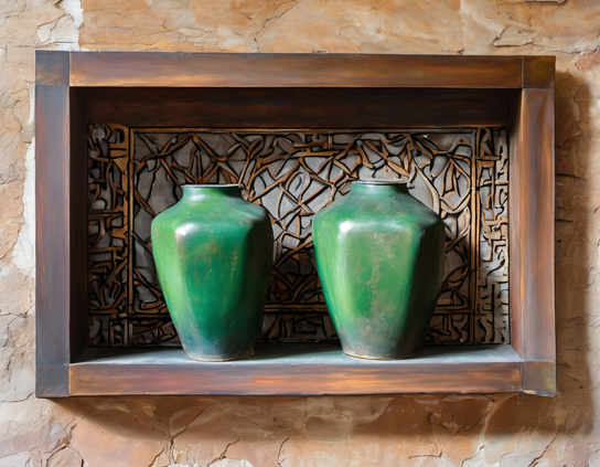 Two green ceramic vases displayed in a rustic wooden frame with an intricate backdrop.
