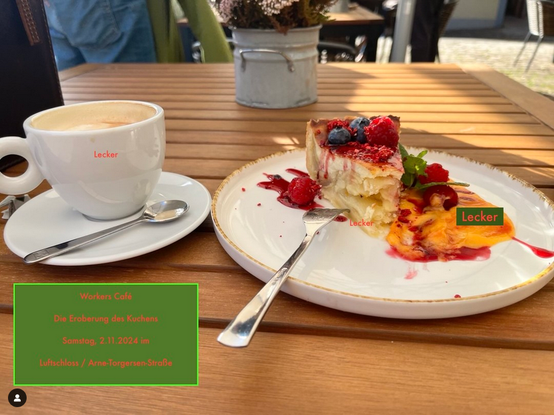 Eine Tasse Kaffee und ein mega leckeres Stück Torte warten darauf verspeist zu werden.