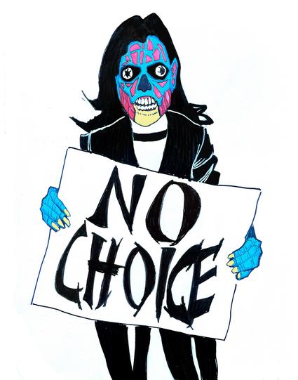 Vice president Kamala Harris as They Live alien holding up a poster saying NO CHOICE
