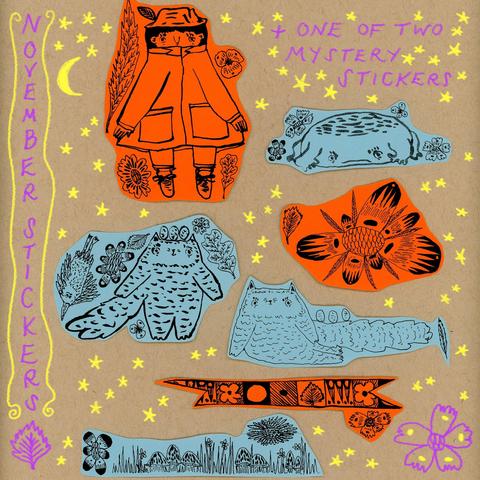 A set of illustrated stickers featuring detective Tso, Fraser the cat, the toad, flowers, mushrooms, and patterns.