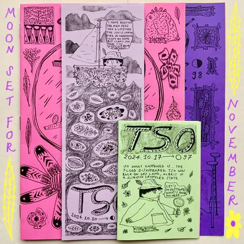 A set of four comics/zines, with patterns, detective Tso in a coracle, flowers, leaves, and Oat the owlet on the covers.