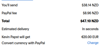 Screenshot of a PayPal transaction for $38 plus a $9 PayPal fee