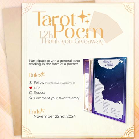 Tarot Poem 1.2k Thank you Giveaway

Participate to win a general tarot reading in the form of a poem!!

Rules:

- Follow (new followers welcomed)
- Like
- Repost
- Comment your favorite emoji

Ends November 22nd, 2024