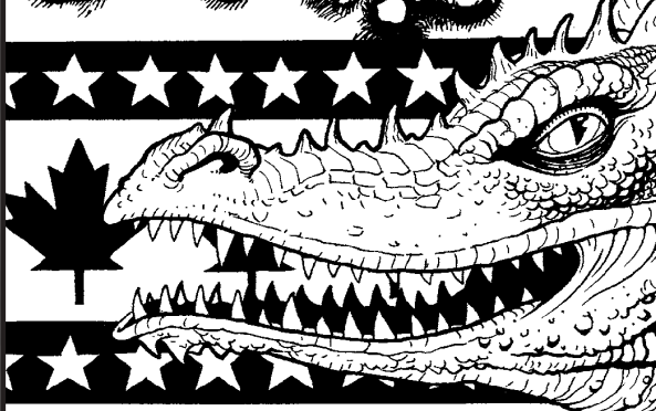 Part of an illustration from the third edition Rulebook of Shadowrun. It shows a dragon in front of a flag combining elements of the flags of Canada and the United States. Both stars and the sole visible maple leaf are pointing upwards.