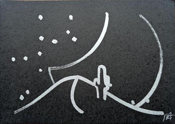 A minimalist desert scene under a moonlit sky, created using a pen plotter programmed to dip a paintbrush into silver metallic ink. The crescent moon floats above abstracted desert dunes and cacti, outlined in smooth lines. Scattered stars are represented with silver ink dabs, creating a serene, expansive night sky. The reflective quality of the silver ink against the black background evokes the calm and solitude of a desert night.  In close-up, the textured silver ink stars have a cratered, hand-painted appearance, adding dimension. The crescent moon is detailed with metallic strokes, enhancing the organic feel of the scene.  This piece meditates on the quiet of a desert night, its calm reinforced by each star and line being hand-programmed—each element unique, like every night spent under the sky.