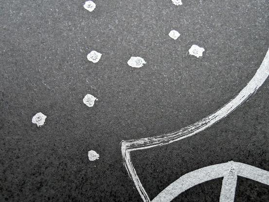 A minimalist desert scene under a moonlit sky, created using a pen plotter programmed to dip a paintbrush into silver metallic ink. The crescent moon floats above abstracted desert dunes and cacti, outlined in smooth lines. Scattered stars are represented with silver ink dabs, creating a serene, expansive night sky. The reflective quality of the silver ink against the black background evokes the calm and solitude of a desert night.  In close-up, the textured silver ink stars have a cratered, hand-painted appearance, adding dimension. The crescent moon is detailed with metallic strokes, enhancing the organic feel of the scene.  This piece meditates on the quiet of a desert night, its calm reinforced by each star and line being hand-programmed—each element unique, like every night spent under the sky.