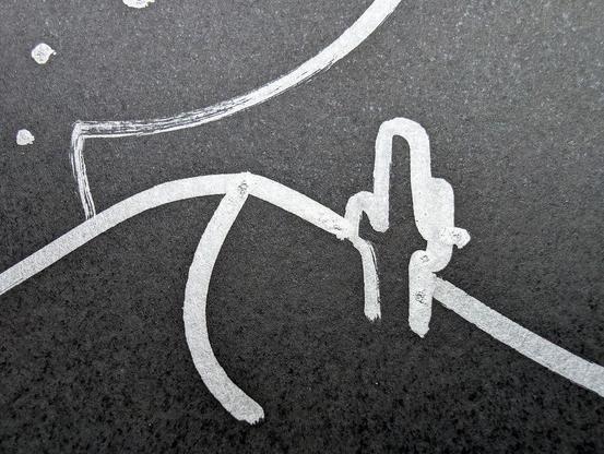 A minimalist desert scene under a moonlit sky, created using a pen plotter programmed to dip a paintbrush into silver metallic ink. The crescent moon floats above abstracted desert dunes and cacti, outlined in smooth lines. Scattered stars are represented with silver ink dabs, creating a serene, expansive night sky. The reflective quality of the silver ink against the black background evokes the calm and solitude of a desert night.  In close-up, the textured silver ink stars have a cratered, hand-painted appearance, adding dimension. The crescent moon is detailed with metallic strokes, enhancing the organic feel of the scene.  This piece meditates on the quiet of a desert night, its calm reinforced by each star and line being hand-programmed—each element unique, like every night spent under the sky.