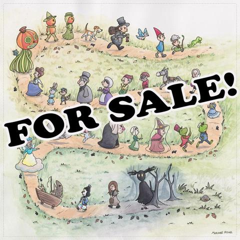 Many odd characters walk along a grassy path, strewn with autumn leaves. Simplified versions of characters from the cartoon miniseries Over the Garden Wall. The words “For Sale” are imposed over the image