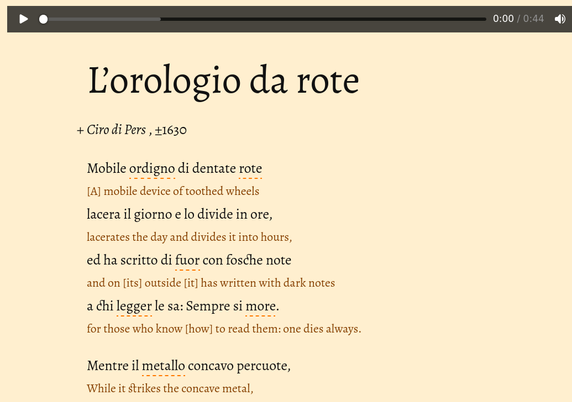 And here are the full text:

Mobile ordigno di dentate rote
lacera il giorno e lo divide in ore,
ed ha scritto di fuor con fosche note
a chi legger le sa: Sempre si more.
Mentre il metallo concavo percuote,
voce funesta mi risuona al core;
né del fato spiegar meglio si puote
che con voce di bronzo il rio tenore.
Perch’io non speri mai riposo o pace,
questo, che sembra in un timpano e tromba,
mi sfida ognor contro all’età vorace.
E con que’ colpi onde ’l metal rimbomba,
affretta il corso al secolo fugace,
e perché s’apra, ognor picchia alla tomba.

and my too-literal translation:

[A] mobile device of toothed wheels
lacerates the day and  divides it into hours,
and on [its] outside [it] has written  with dark notes
for those who know [how] to read them: one dies always.

While it strikes the concave metal,
[a] funereal voice resounds to me in [the] heart;
nor can one  explain better the dire tenor of fate
than with [the] voice of bronze.

So that I [can] never hope [for] rest or peace,
this, that seems at once [a] timpani and trumpet,
challenges me [to] always [fight] against the voracious time.

And with those blows with which the metal reverberates,
it hastens the course of the fleeting world,
and always it knocks on the tomb, so that it opens itself.