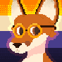 Pixel art of a red fox wearing gold and black glasses. They are smiling slightly and looking to the right. They are set against a nonbinary flag background.