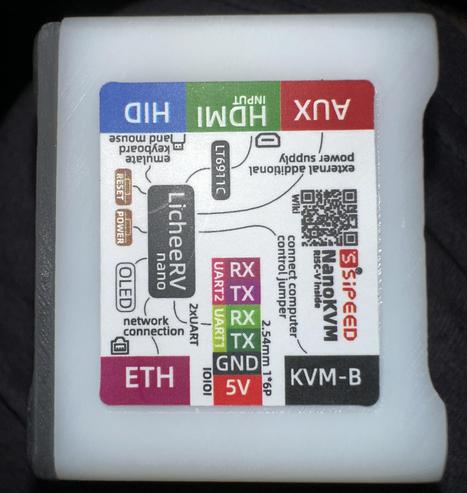 A white square with a sticker label detailing the functions of the device's various ports. A small QR code is present. The brands LicheeRV Nano and SiPeed Nano are visible.
