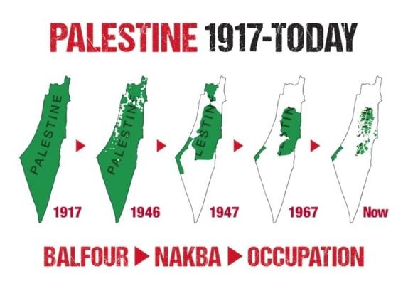 Map showing the size of Palestine, shrinking over the years, from 100% of the region prior to the Balfour Declaration, to less than half the region after the Nakba (1948), to fragmented pockets making up about 10% of the region by the 2020s.