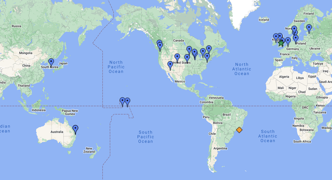 Map of earth showing the location of each Association of Internet Researchers conference from 1999-2005