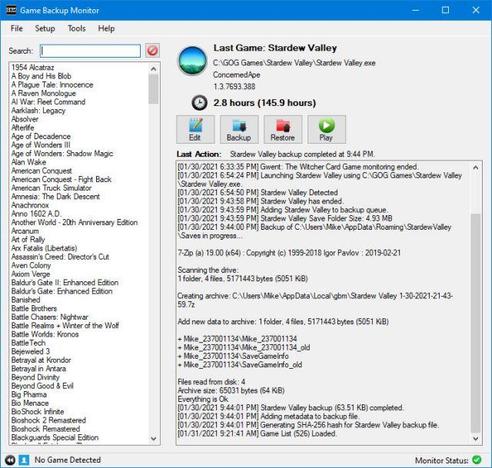 🕶️ A view of its user interface used with tons of selected games. It presents 4 buttons (Edit, Backup, Restore, Play), a menu (File, Setup, Tools, Help), and various control displays (the path of the game, a duration, the date and time of the last save, ...). A large window also shows the status of the current saves (changelog).

📚️ Game Backup Monitor is a libre, multi-platform tool for managing/backing up the user's video game backup data (or for monitoring any application on the player's PC). It detects the launch of supported games, then once the game is finished, it automatically backup and compress (in 7-Zip format) the saved games. It also supports DOSBox, ScummVM and Wine. It can be used on a single computer or multiple computers to effectively add cloud support to any game or application. It can also automatically launch other software when a monitored game is detected, track the number of hours and number of sessions of a game.