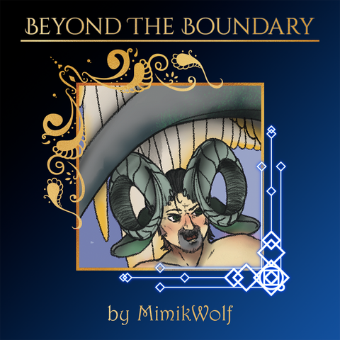 A cropped spotlight of an illustration by MimikWolf for the upcoming Beyond the Boundary zine.
The art depicts Izzy as a creature with curling ram's horns. A wing arches over his head.