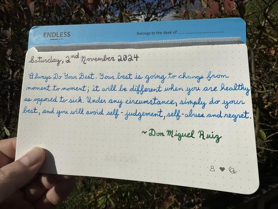 A pen quote of Son Miguel Ruiz that reads, “Aluayo Do Your Best. Your best is going to change from moment to moment; it will be different when you are healthy as opposed to sick. Under any circumstance, simply do your best, and you will avoid self- judgement, self-abuse and regret.”

Written in Pelikan Edelstein Moonstone, Sailor Manyo Sumire & Montblanc Irish Green.