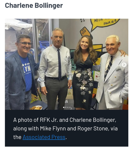 A photo of RFK Jr. and Charlene Bollinger, along with convicted Trump conspiracy members Mike Flynn and Roger Stone, via the Associated Press.