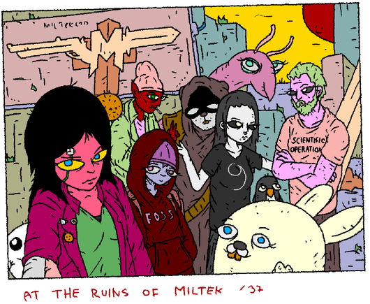 Mage, Fosschild, Daemon, Brank, Glenda, Penguin, Rabbit-Mage, Acme - the horsebird, Sigrid and khm pose for a photograph in front of the ruins of a MilTek factory.

Sigrid is trying to convince khm to smile.